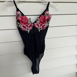 Babyboo Fashion Black Mesh Bodysuit with Rose Design: XS